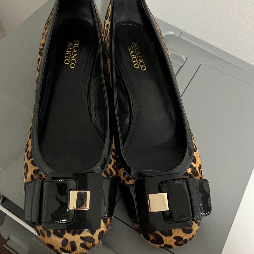Franco Sarto Leopard Print Flats with Black Patent Buckle